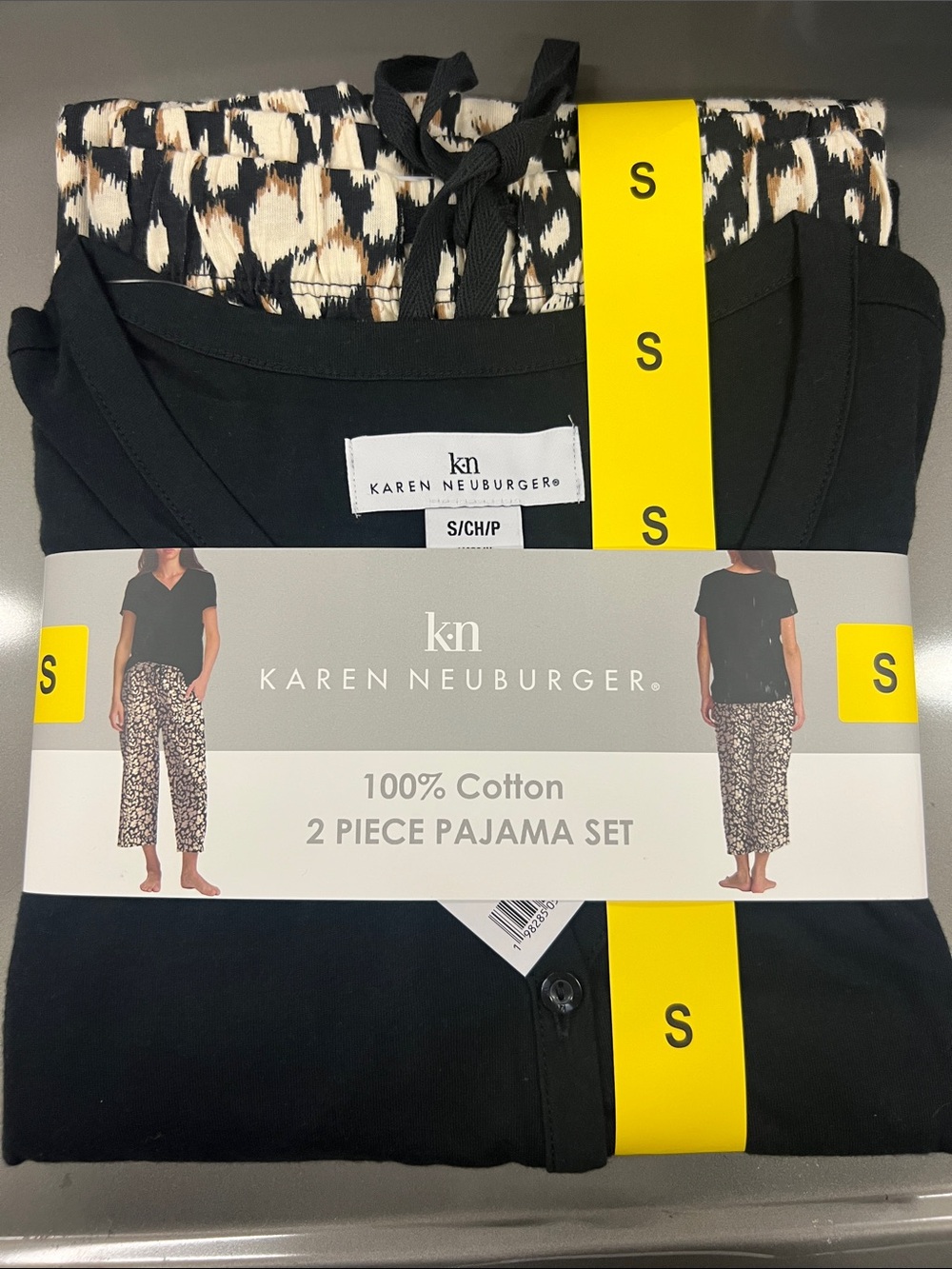 Karen Neuburger Black Top with Black-and-Cream Printed Pants Pajama Set